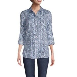 Chico's No Iron Linen Blue Diamond Button-Up Tunic Size XL 16/18 Roll Tab